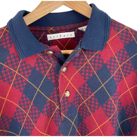 Tribute Mens SIze Large Long Sleeve Collared Polo Shirt Argyle Design Blue Red - Picture 2 of 8